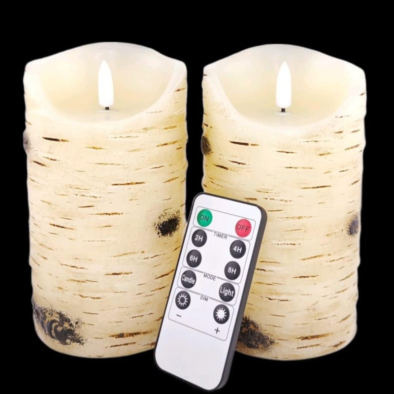 qinxiang Flameless Candles LED Candles Birch Bark Effect Set of 2 (D:3.25" X H:6") Ivory Real Wax Pillar Battery Operated Candles with Dancing LED Flame 10-Key Remote Control and Cycling 24 Hours Timer… - Image 1